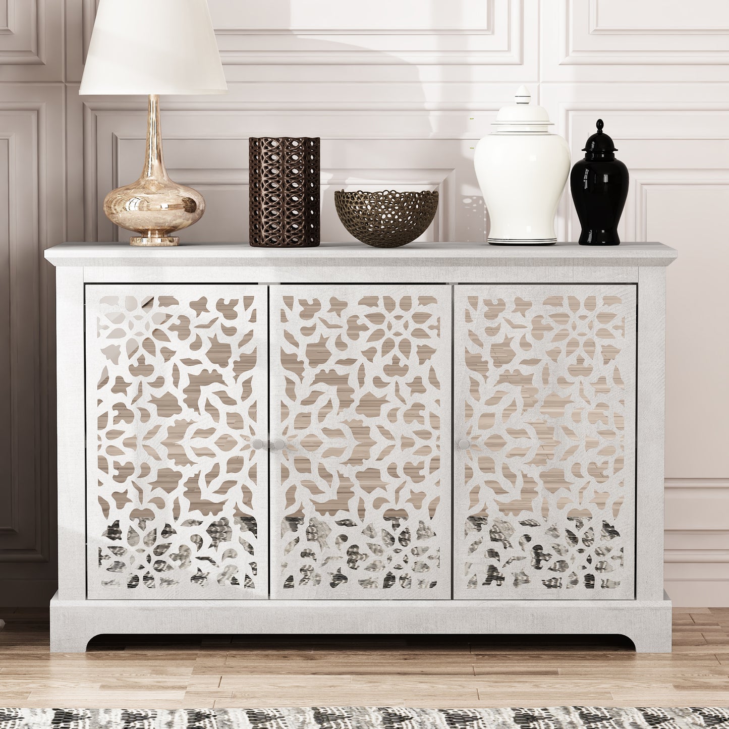 Galano 3-Door Sideboard with Mirrored Cutout Doors 45.7" W × 15.7" D × 29.3" H