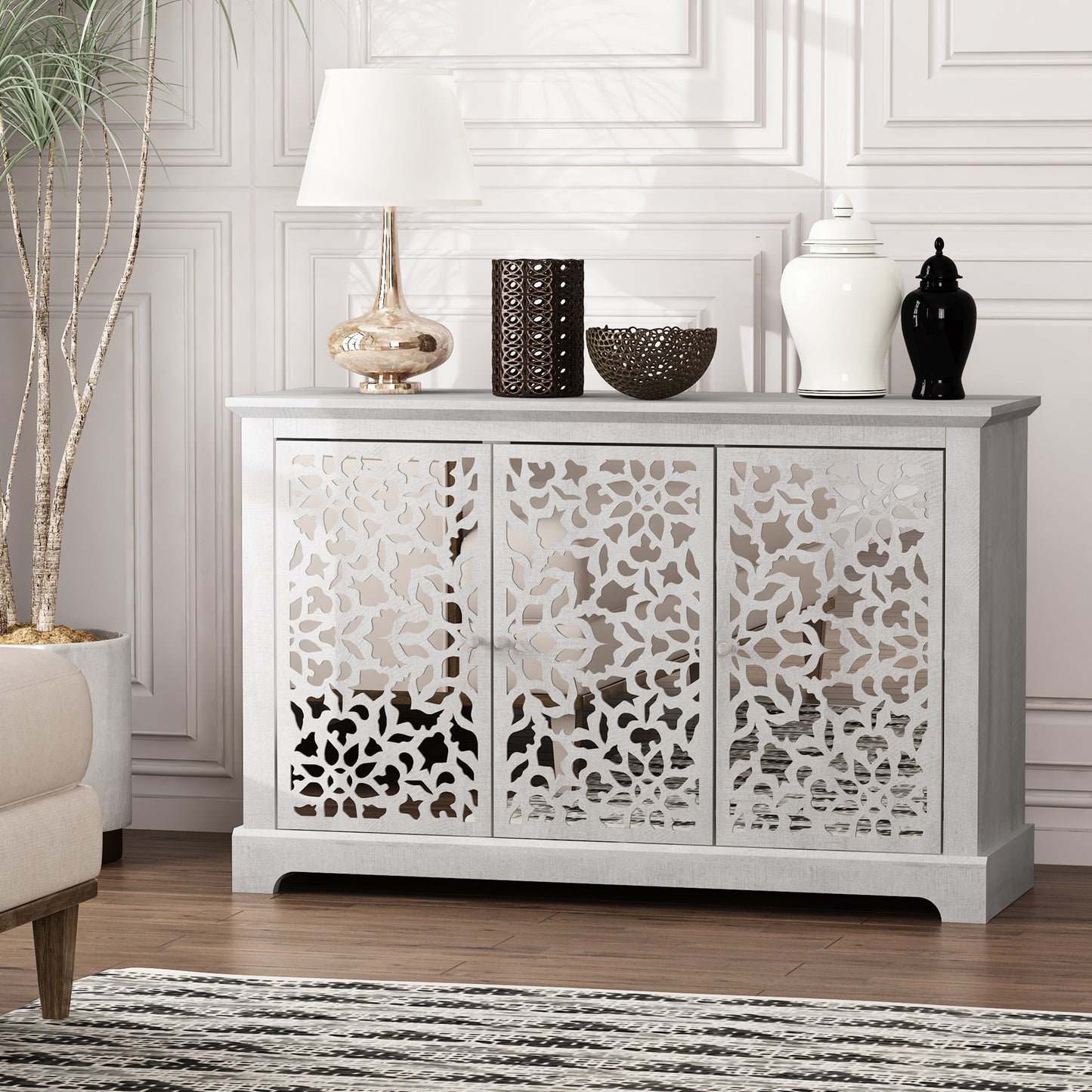 Galano 3-Door Sideboard with Mirrored Cutout Doors 45.7" W × 15.7" D × 29.3" H