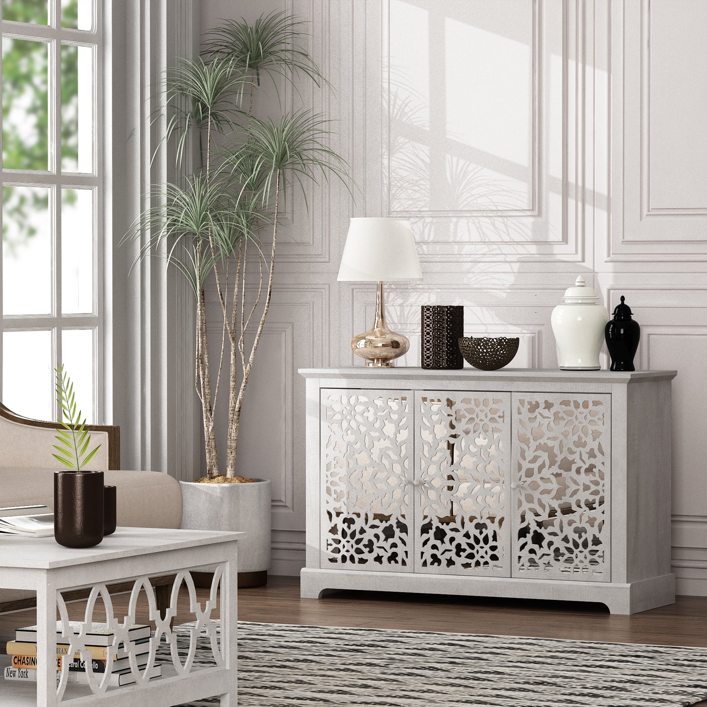 Galano 3-Door Sideboard with Mirrored Cutout Doors 45.7" W × 15.7" D × 29.3" H