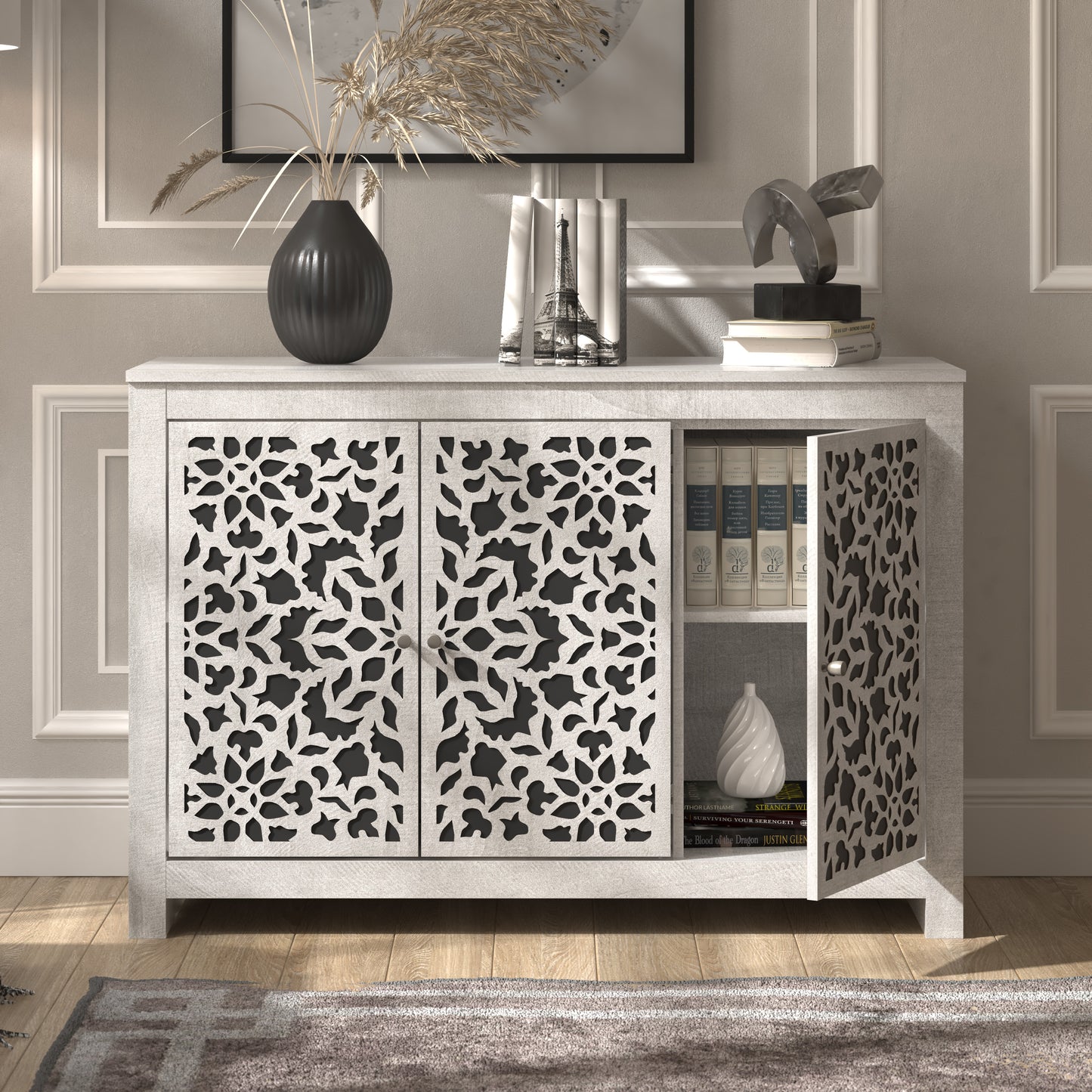 Galano 3-Door Sideboard with Decorative Cutout Doors 44.3" W × 15.7" D × 30" H