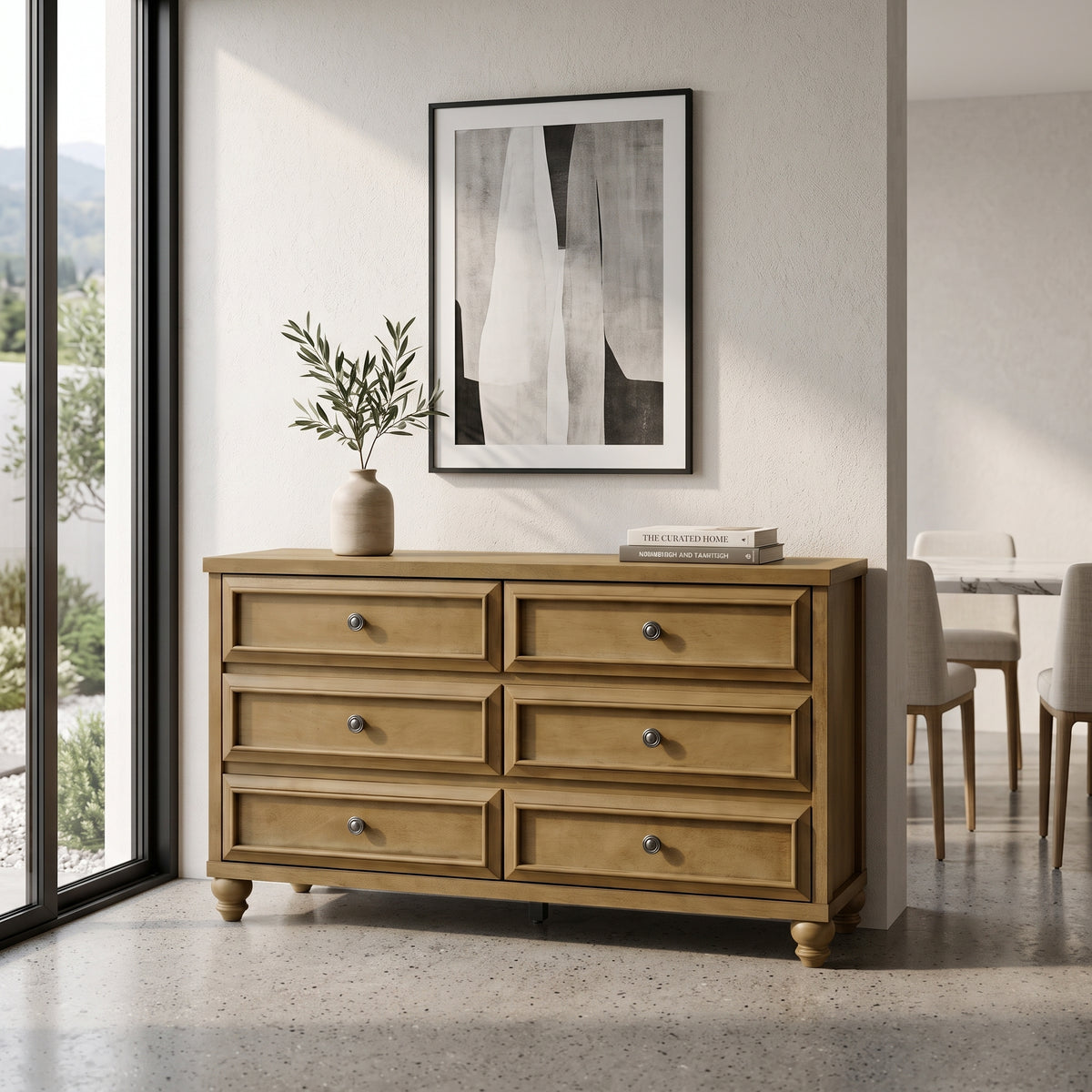 Galano 54.8" W Traditional 6 Drawer Double Dresser with Solid Wood Bun Feet and Interlocking Drawers