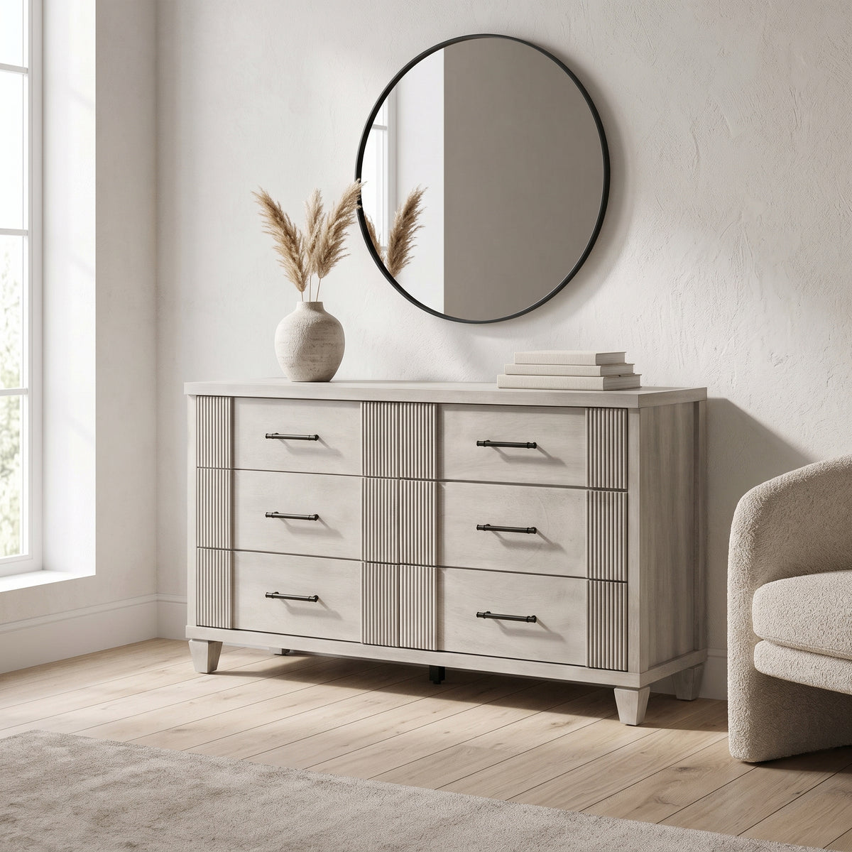 Galano 54.8" W Mid-Century Modern 6 Drawer Dresser with Fluted Fronts and Solid Wood Feet