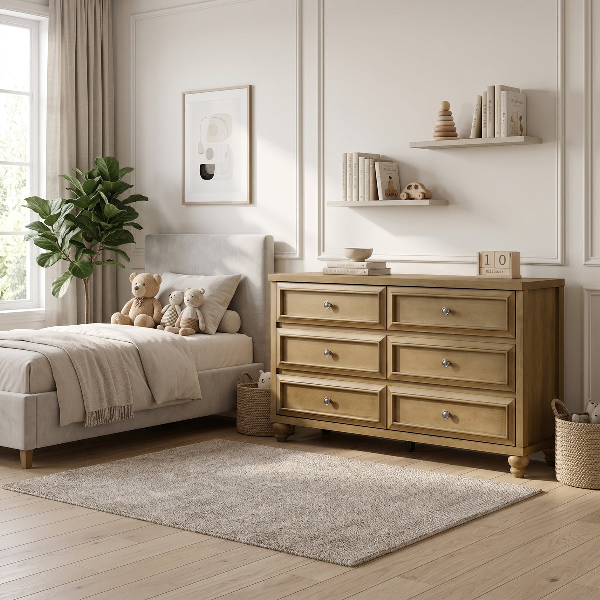 Galano 54.8" W Traditional 6 Drawer Double Dresser with Solid Wood Bun Feet and Interlocking Drawers