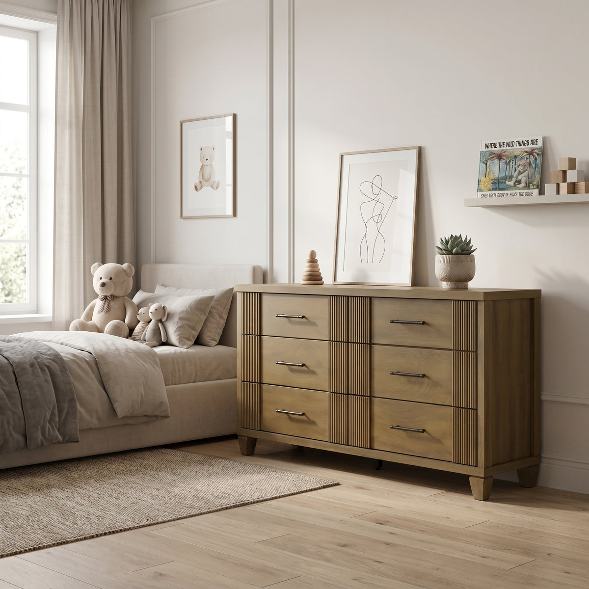 Galano 54.8" W Mid-Century Modern 6 Drawer Dresser with Fluted Fronts and Solid Wood Feet