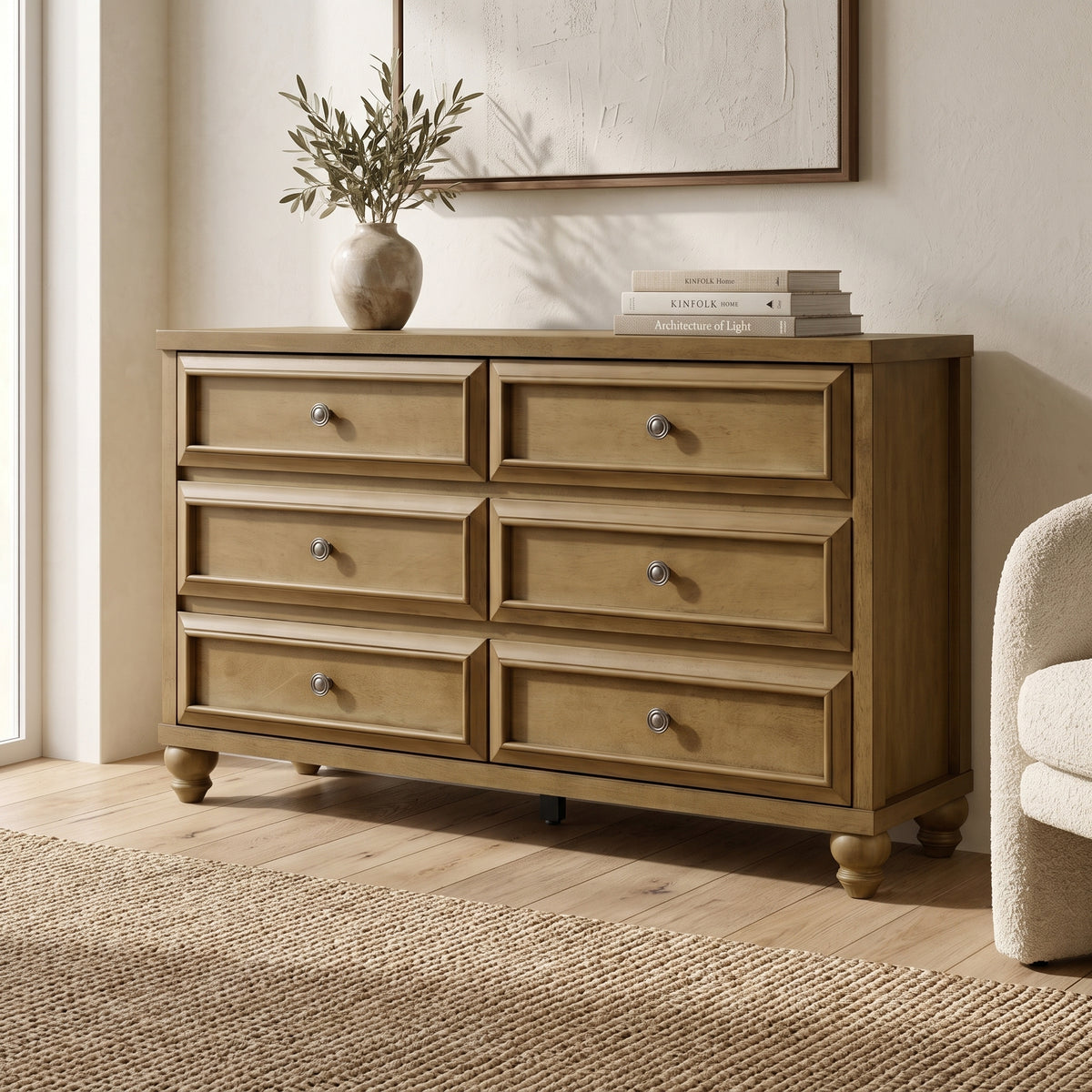 Galano 54.8" W Traditional 6 Drawer Double Dresser with Solid Wood Bun Feet and Interlocking Drawers