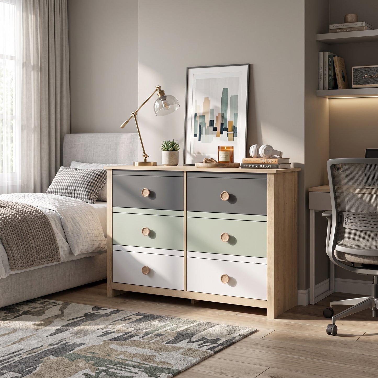 Galano Kids & Teen Chest Dresser Storage with Interlocking Drawer System, Gray, Sage Green & White Multi-Tone Fronts