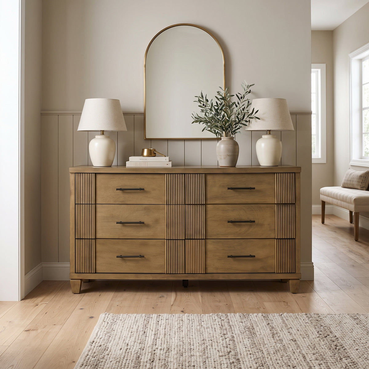 Galano 54.8" W Mid-Century Modern 6 Drawer Dresser with Fluted Fronts and Solid Wood Feet
