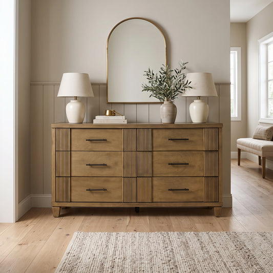 Galano 54.8" W Mid-Century Modern 6 Drawer Dresser with Fluted Fronts and Solid Wood Feet
