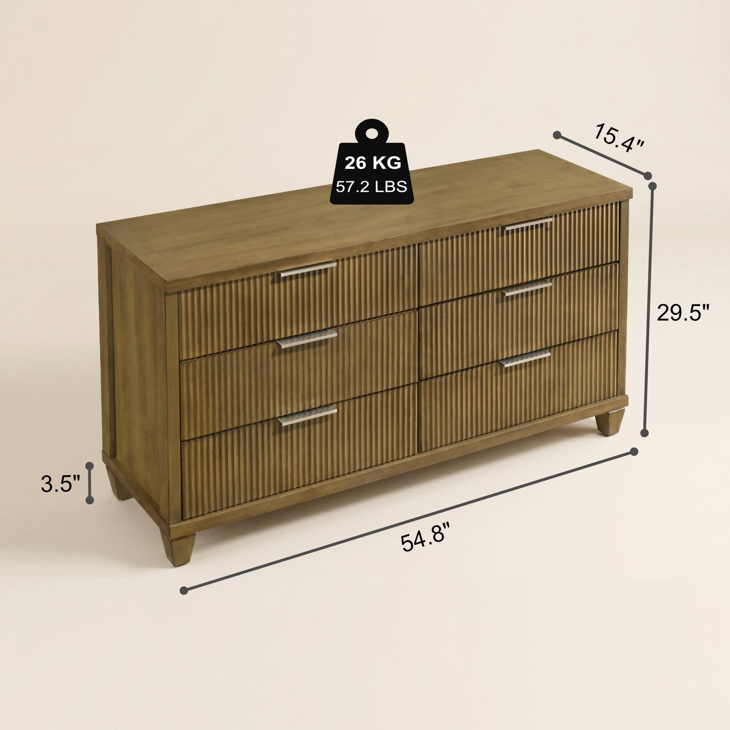 GALANO 6-Drawer Dresser, 54.8" Wide, Mid-Century Fluted Fronts, 1 Dresser