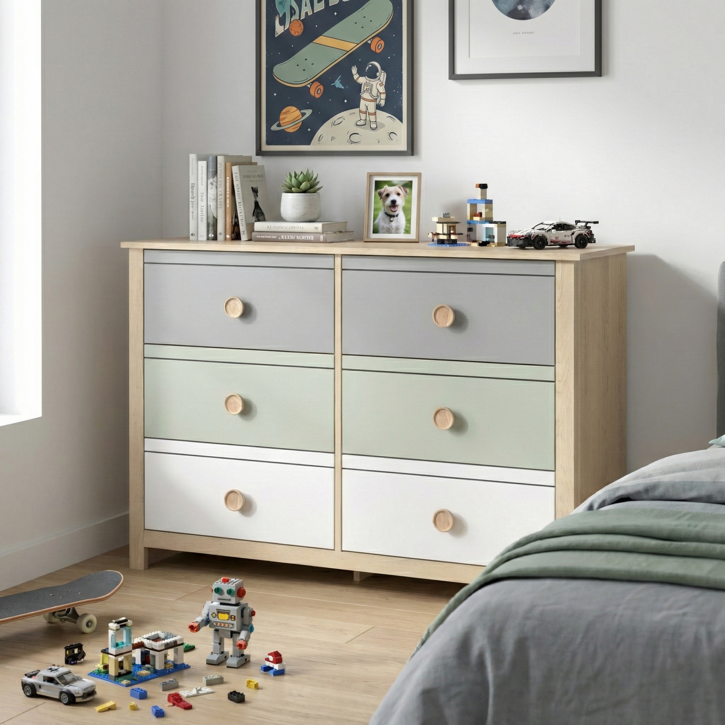 Galano Kids & Teen 6-Drawer Dresser with Gray, Sage Green & White Multi-Tone Fronts 46.1" W