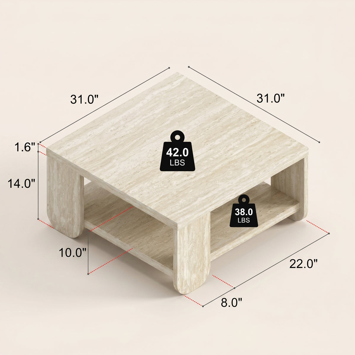 GALANO Modern Square Coffee Table with Shelf, 31.1", Travertine, 1-Piece