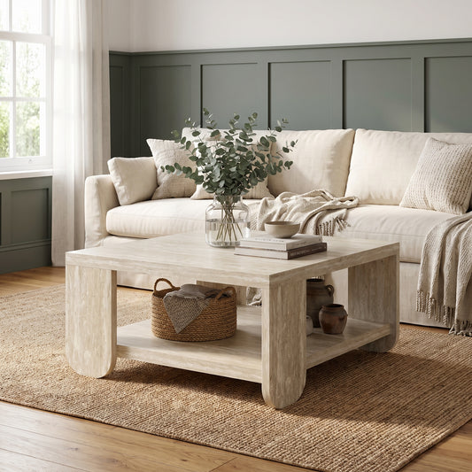 Galano 31.1" Modern Wood Square Coffee Table with Rounded Legs and Storage Shelf