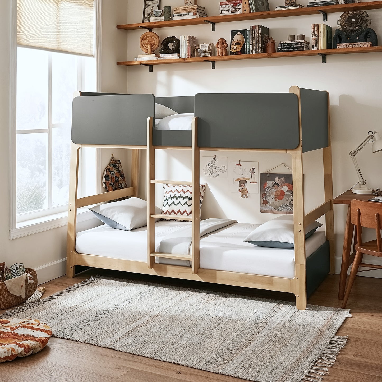 Galano Modern Wood Bunk Bed with Integrated Ladder 82.4" W x 42.2" D x 61.9" H