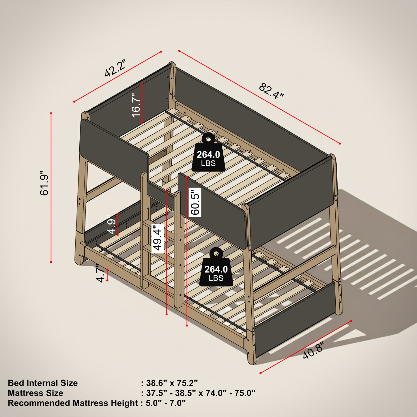 Galano Modern Wood Bunk Bed with Integrated Ladder 82.4" W x 42.2" D x 61.9" H