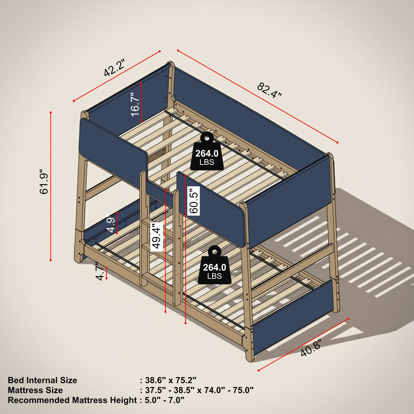 Galano Modern Wood Bunk Bed with Integrated Ladder 82.4" W x 42.2" D x 61.9" H