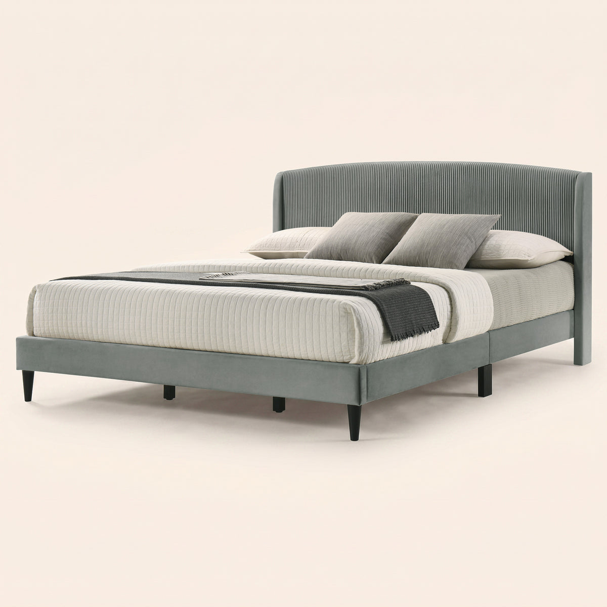 GALANO King Upholstered Platform Bed with Curved Wingback Headboard, No Box Spring Required