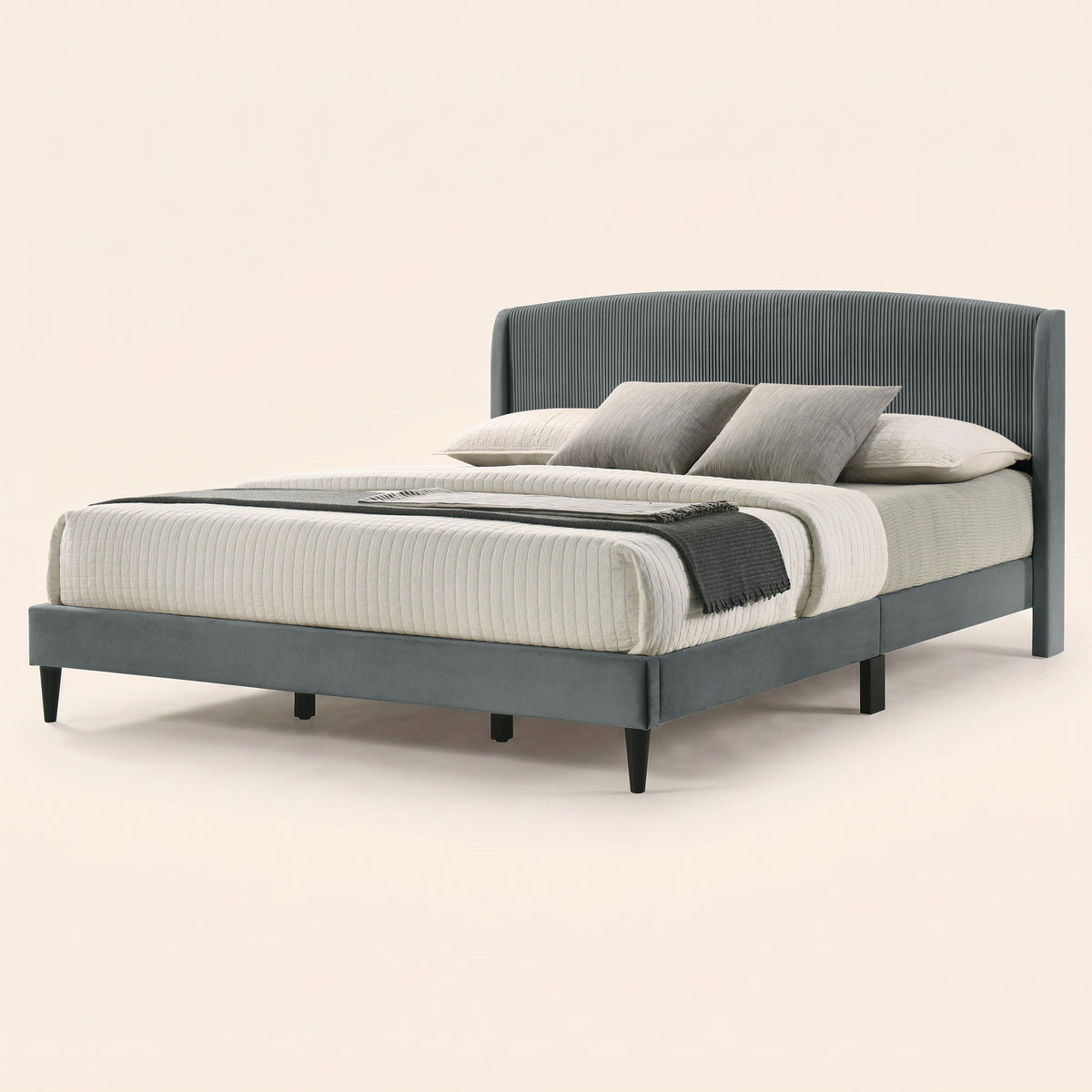 GALANO King Upholstered Platform Bed with Curved Wingback Headboard, No Box Spring Required