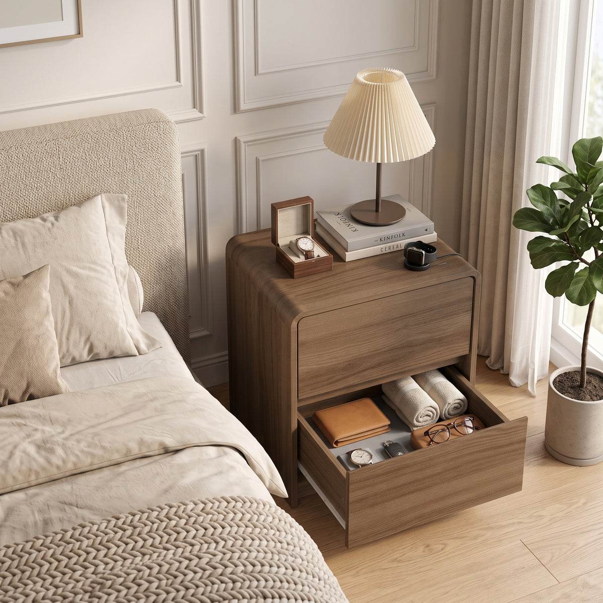 Galano 22" H Set of 2 Modern 2-Drawer Bedside Tables with Rounded Edges - Brown