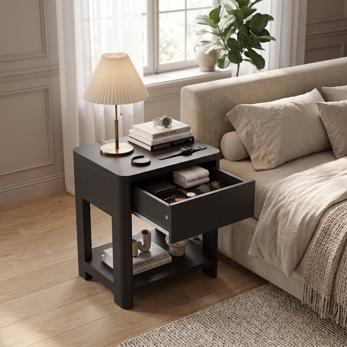 Galano 23" H Modern 1 Drawer Nightstand Bedside Table with Open Storage Shelf - Black