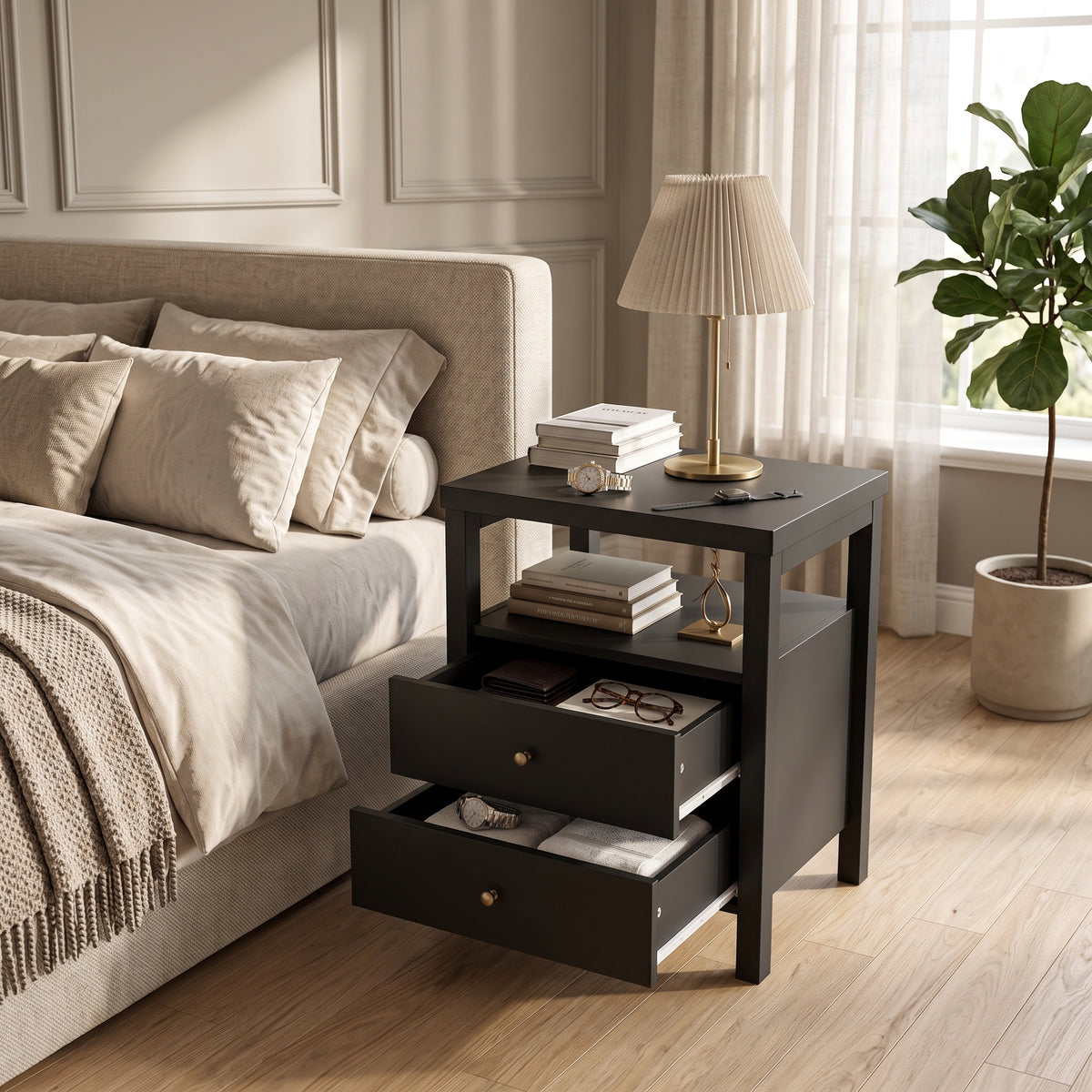 Galano 23" H Modern 2 Drawer Nightstand Bedside Table with Open Storage Shelf - Black