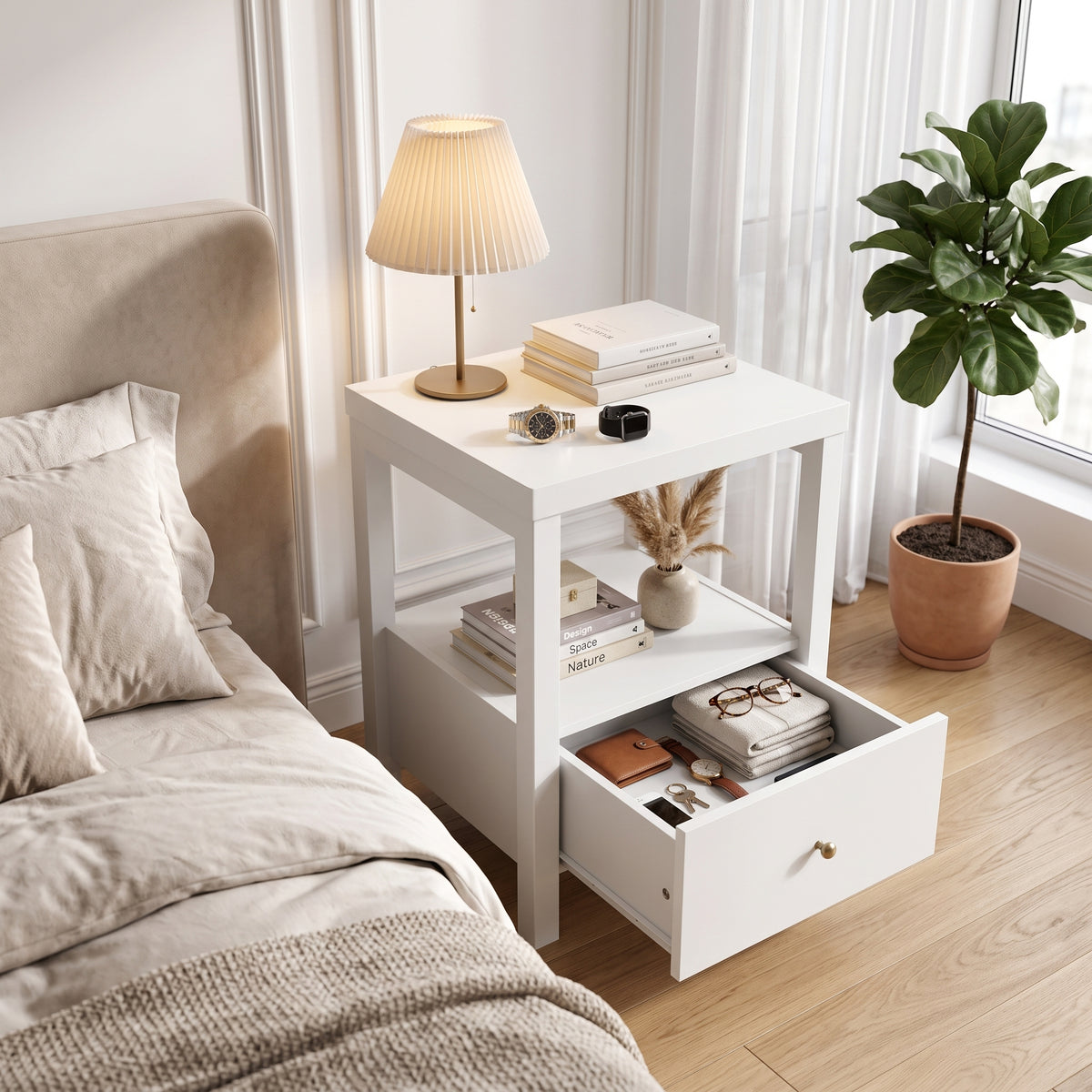 Galano 23" H Modern 1 Drawer Nightstand Bedside Table with Open Storage Shelf - White