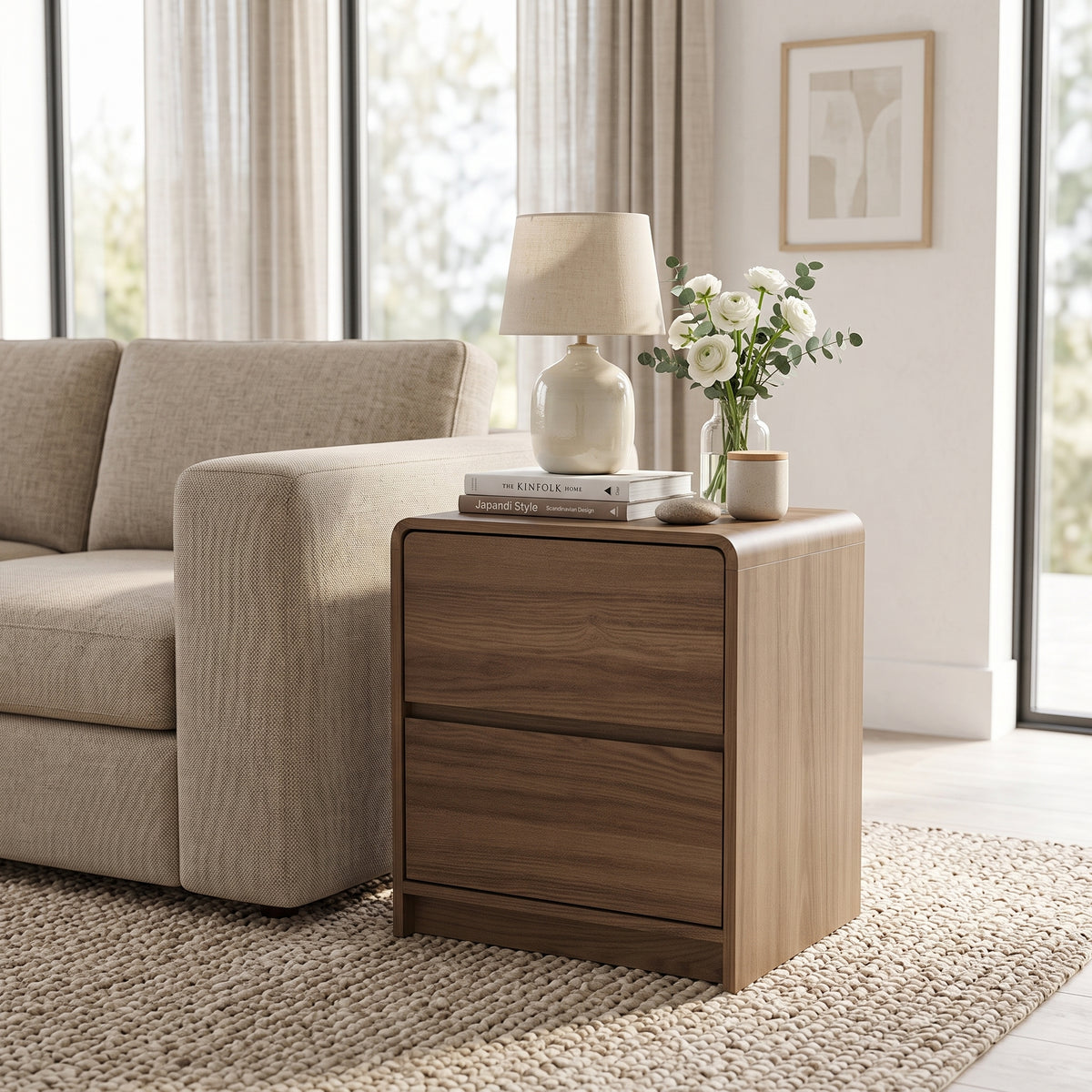 Galano 22" H Set of 2 Modern 2-Drawer Bedside Tables with Rounded Edges - Brown