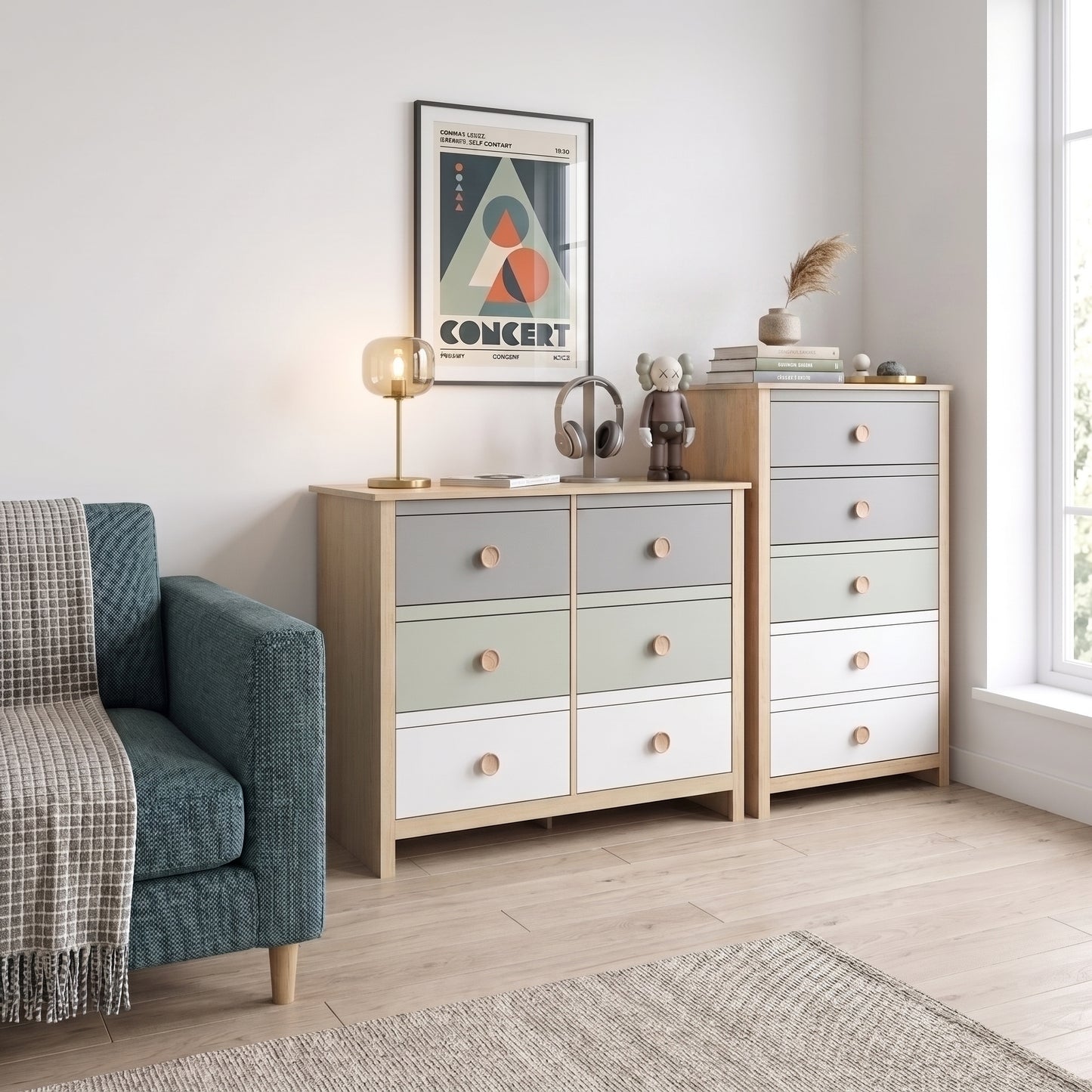 Galano Kids & Teen Chest Dresser Storage with Interlocking Drawer System, Gray, Sage Green & White Multi-Tone Fronts