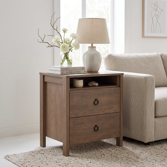 Galano Transitional 2-Drawer Nightstand with Open Shelf, Painted Veneer Finish and Ring Pull Handles