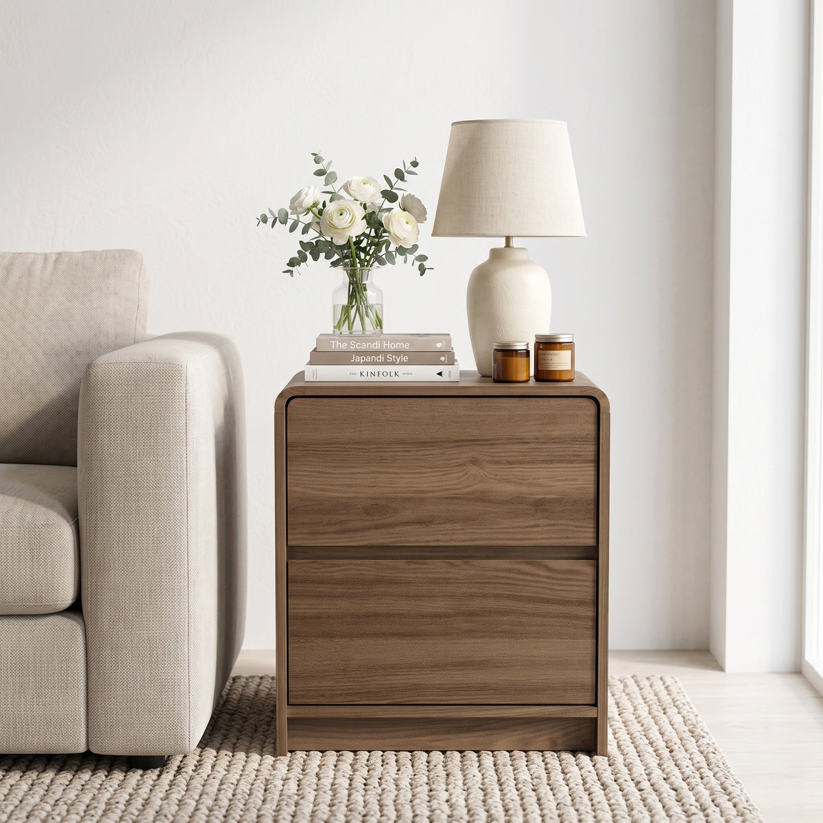 Galano 22" H Set of 2 Modern 2-Drawer Bedside Tables with Rounded Edges - Brown