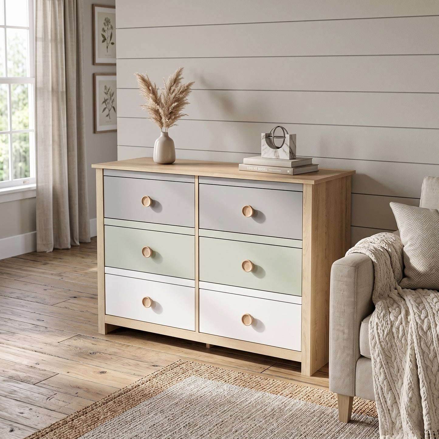 Galano Kids & Teen 6-Drawer Dresser with Gray, Sage Green & White Multi-Tone Fronts 46.1" W