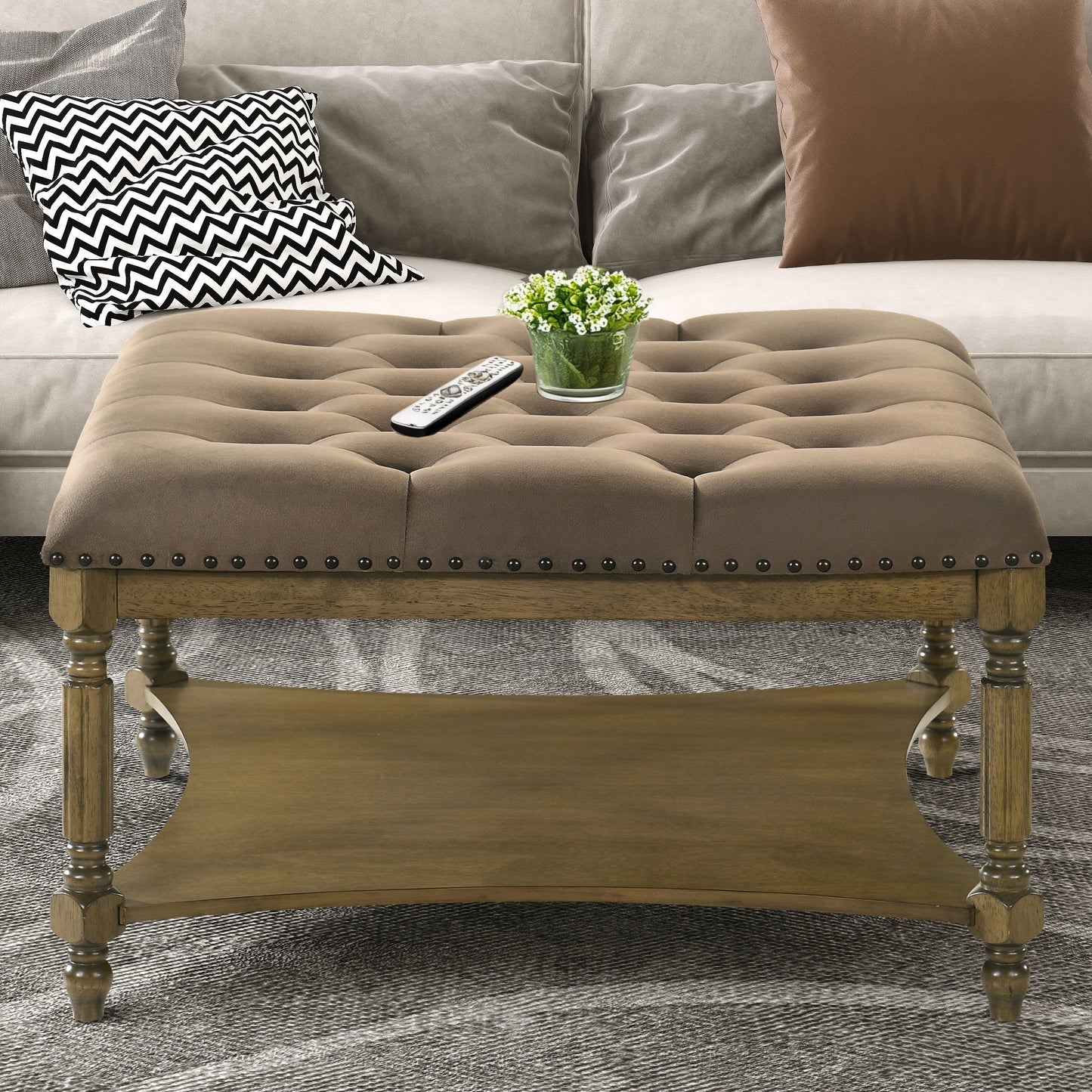 Galano Marcello Upholstered Coffee Table - Antique Oak/Velvet Brown