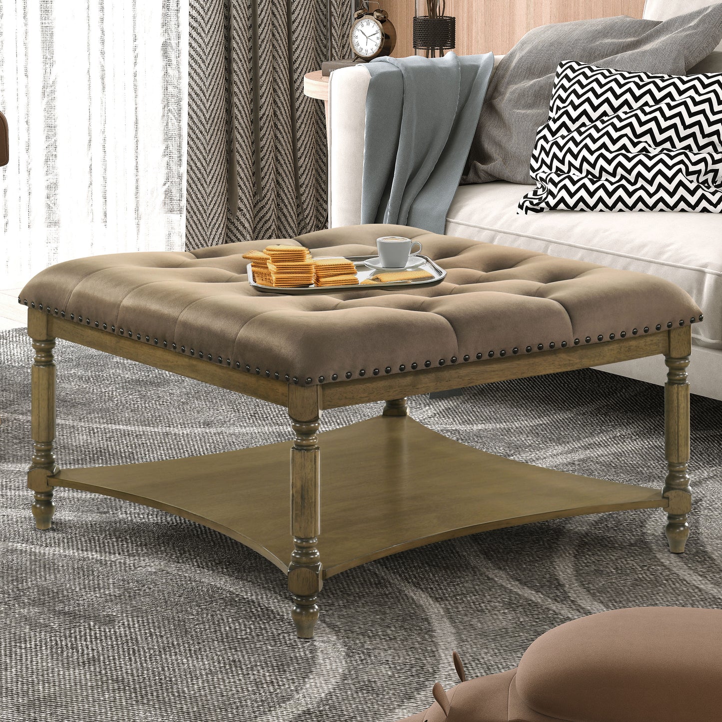 Galano Marcello Upholstered Coffee Table - Antique Oak/Velvet Brown