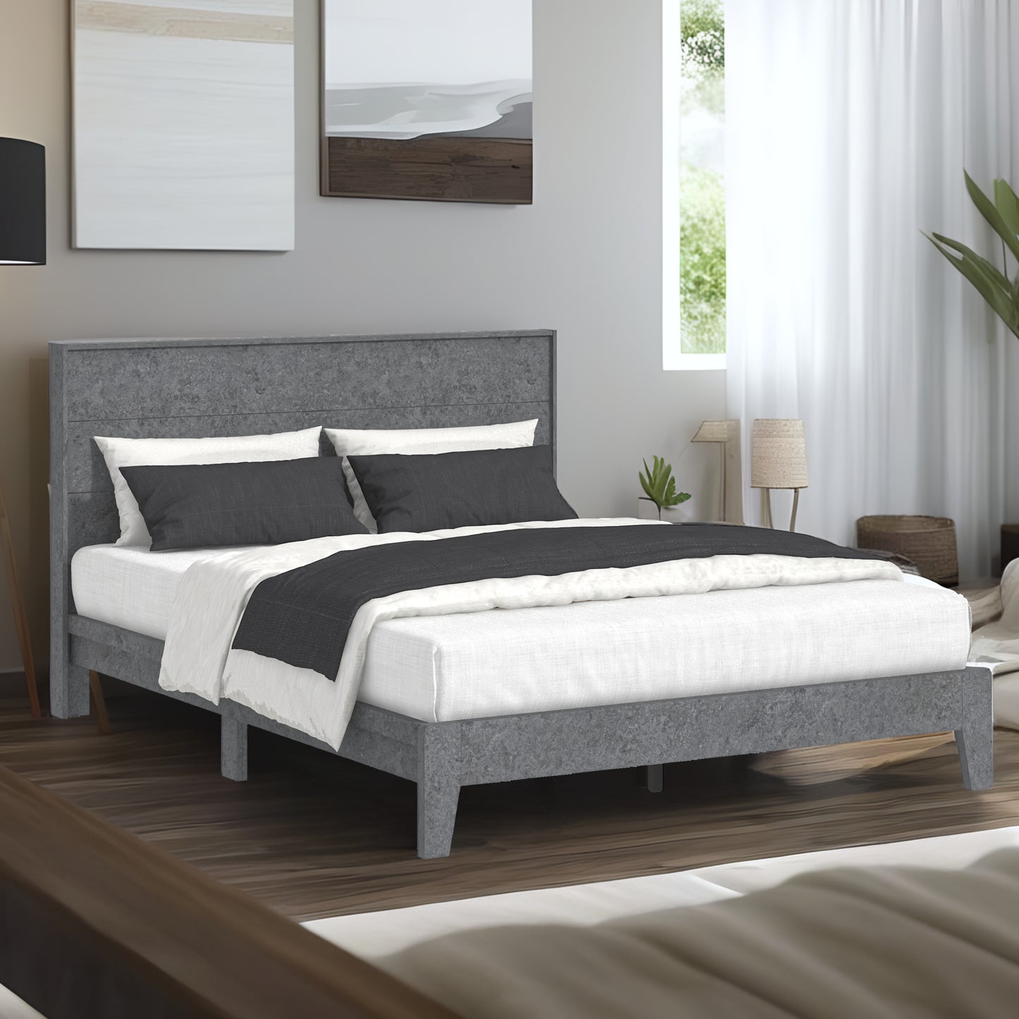 Galano Queen Payne Luxe Bed with Headboard – Concrete Cool Grey