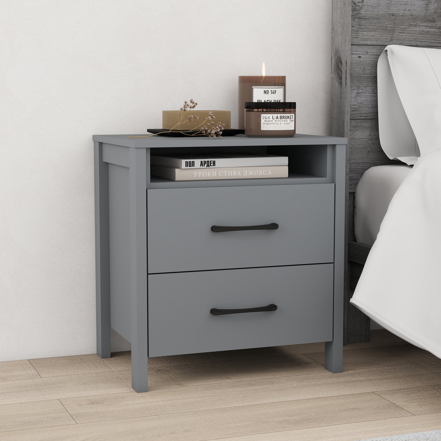 Galano Modern 2-Drawer Nightstand with Open Storage 20.9" W × 15.7" D × 22.7" H