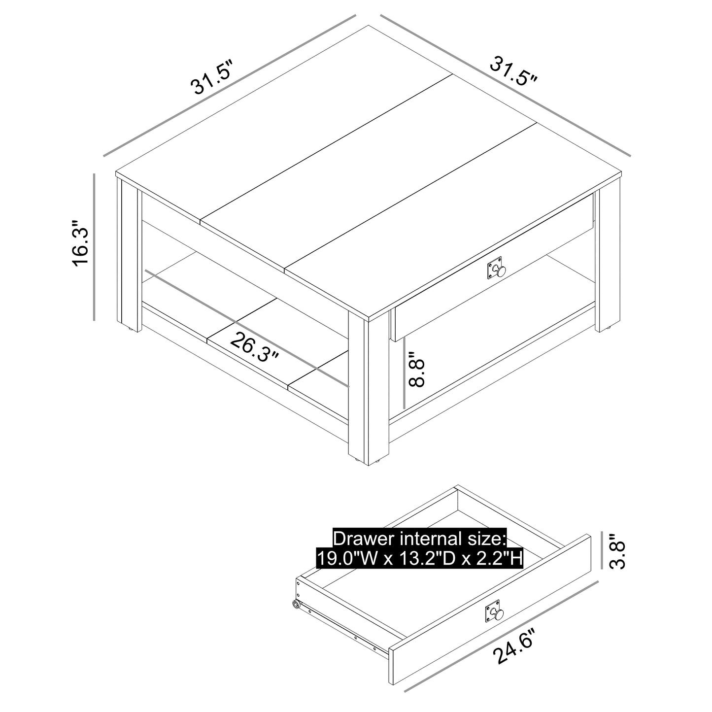 Galano Wood Coffee Table with Drawer Storage 31.5" W × 31.5" D × 16.3" H