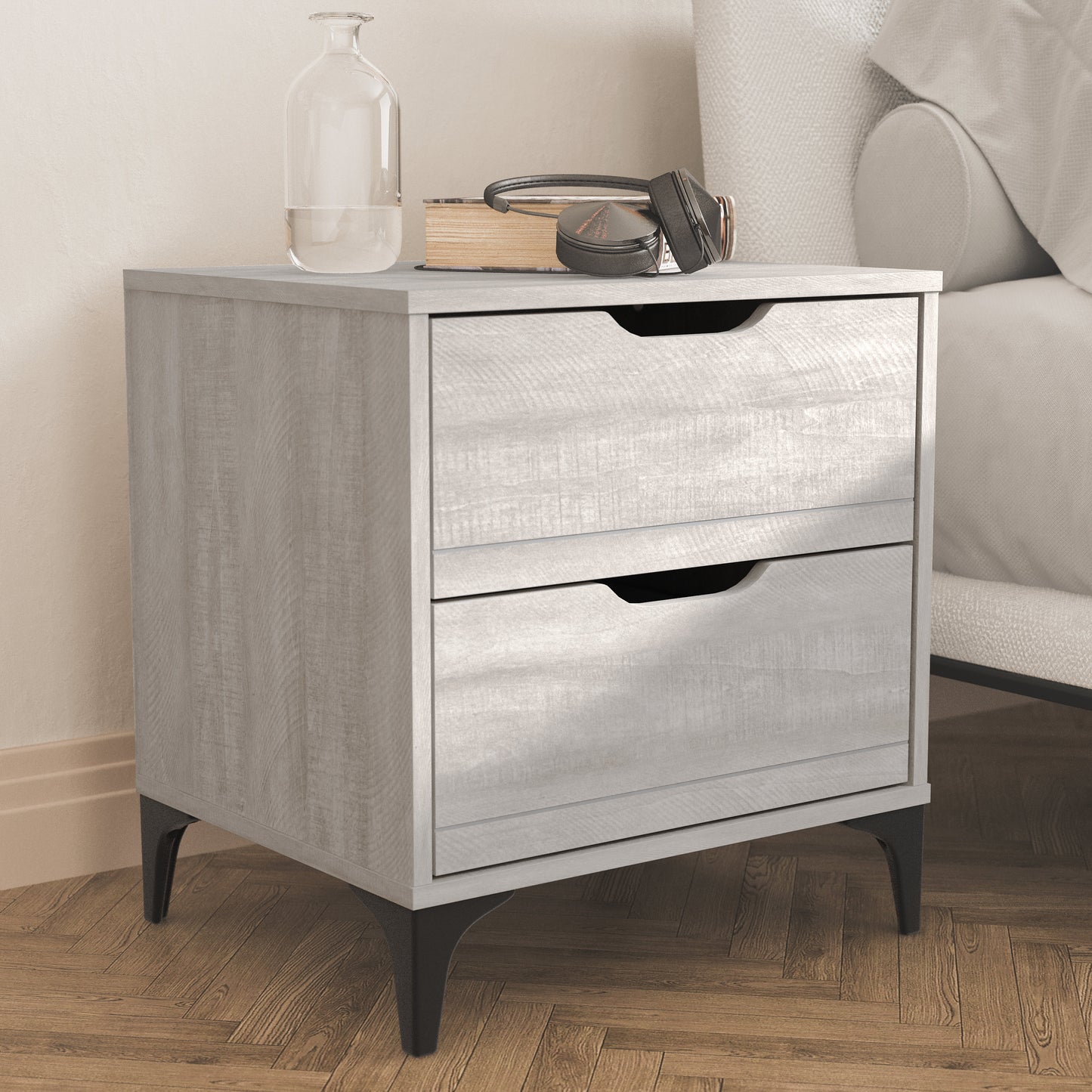 Galano Lilay 2-Drawer Nightstand – Dusty Grey Oak