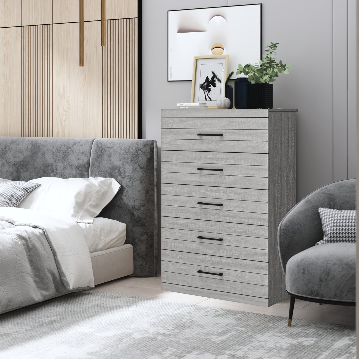 Galano Hamsper 5 Drawer Chest (Interlock) - Dusty Grey Oak