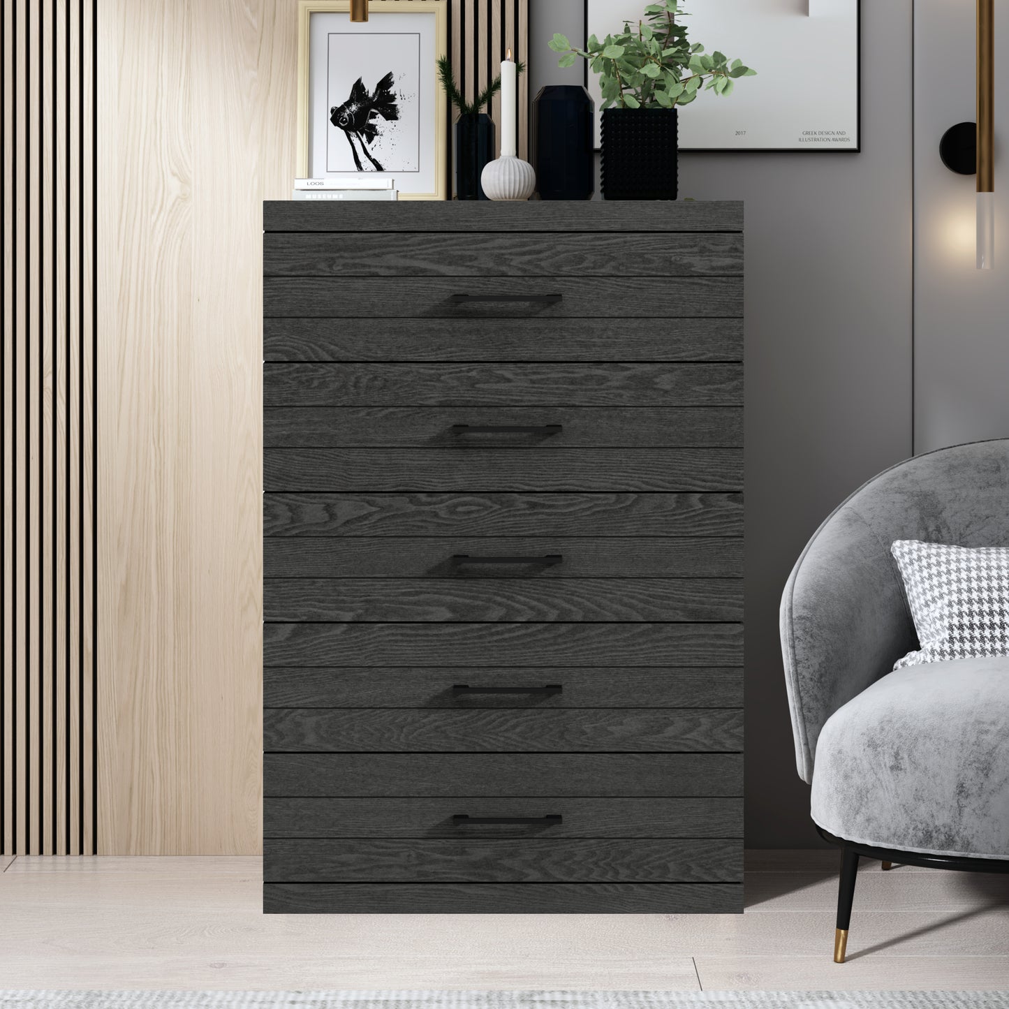Galano Hamsper 5 Drawer Chest (Interlock) - Dark Grey Oak