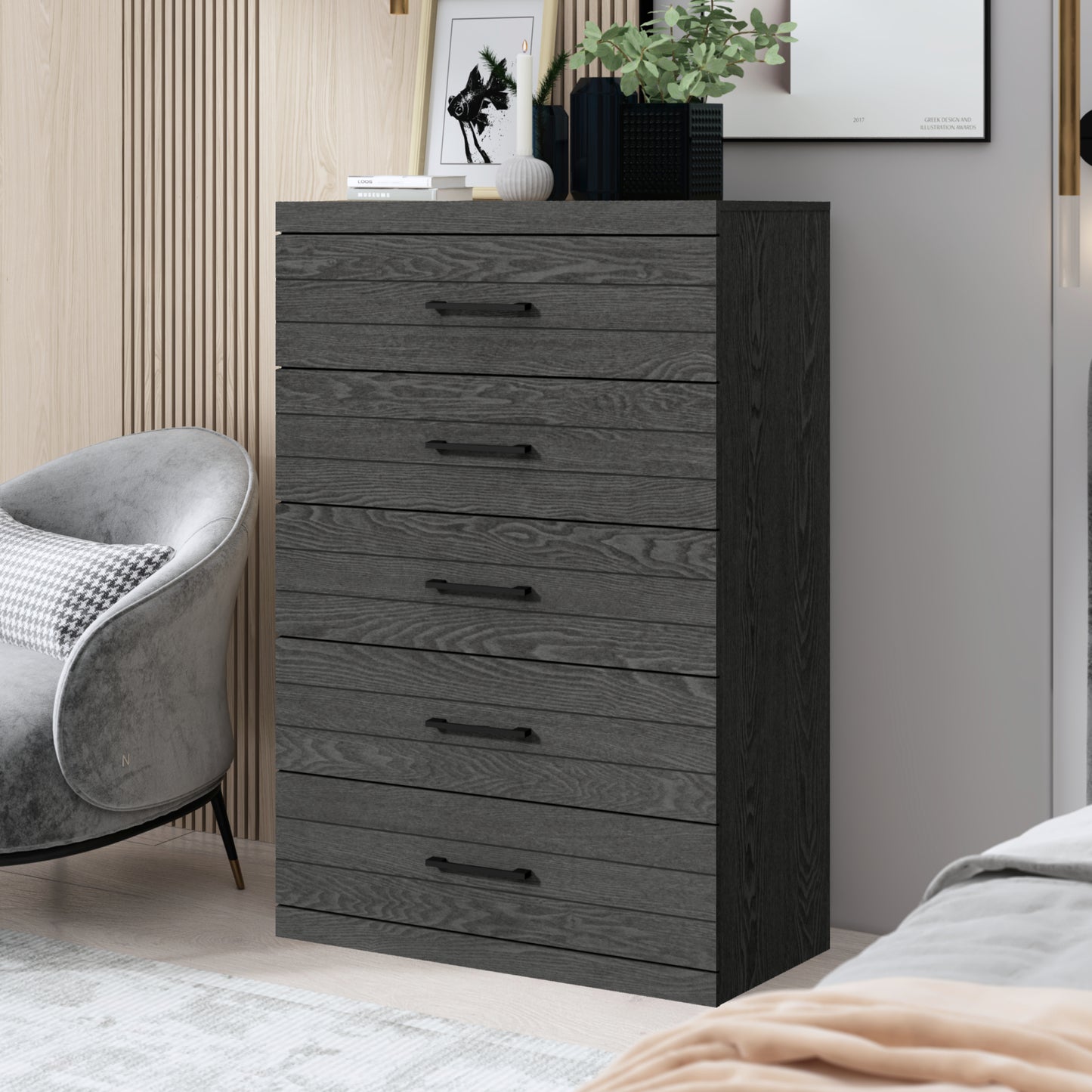 Galano Hamsper 5 Drawer Chest (Interlock) - Dark Grey Oak