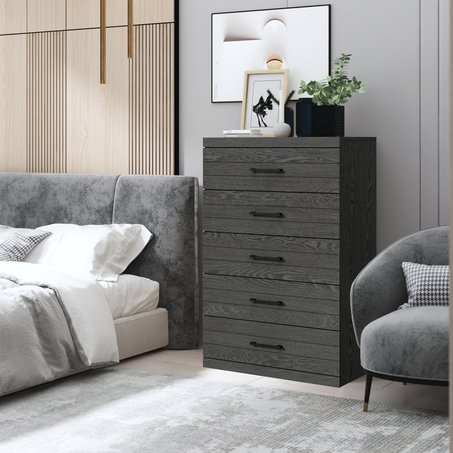 Galano Hamsper 5 Drawer Chest (Interlock) - Dark Grey Oak