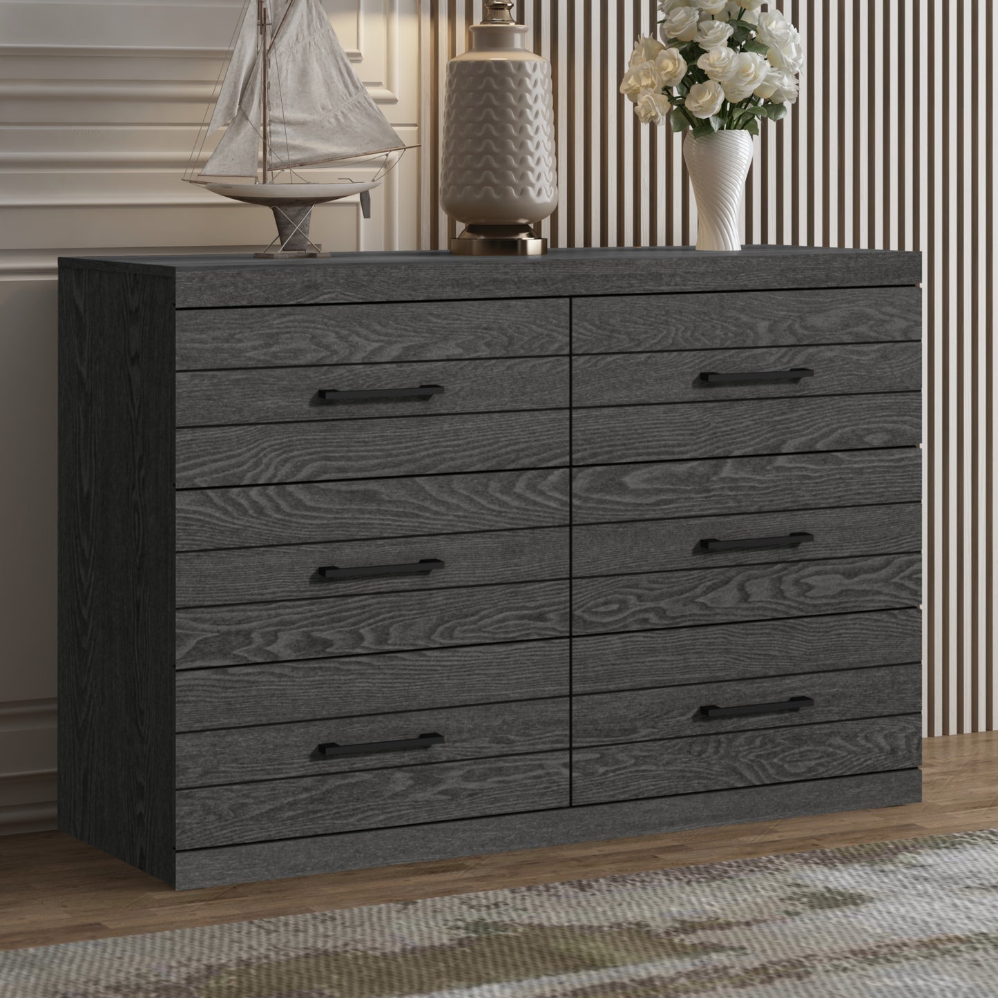 Galano Hamsper 6 Drawer Dresser (Interlock) - Dark Grey Oak