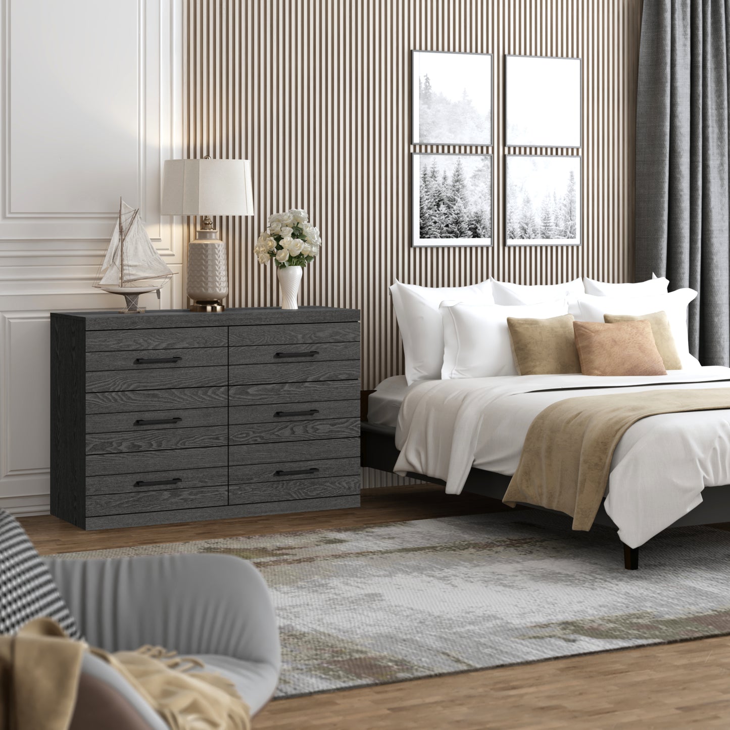 Galano Hamsper 6 Drawer Dresser (Interlock) - Dark Grey Oak