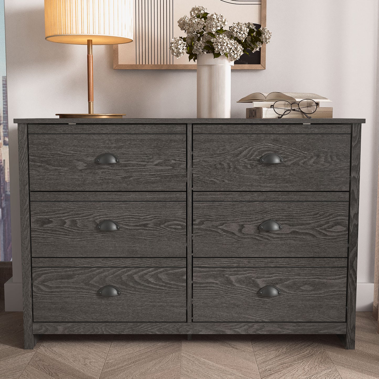 Galano Geodarno 6 Drawer Dresser (Interlock) - Dark Grey Oak
