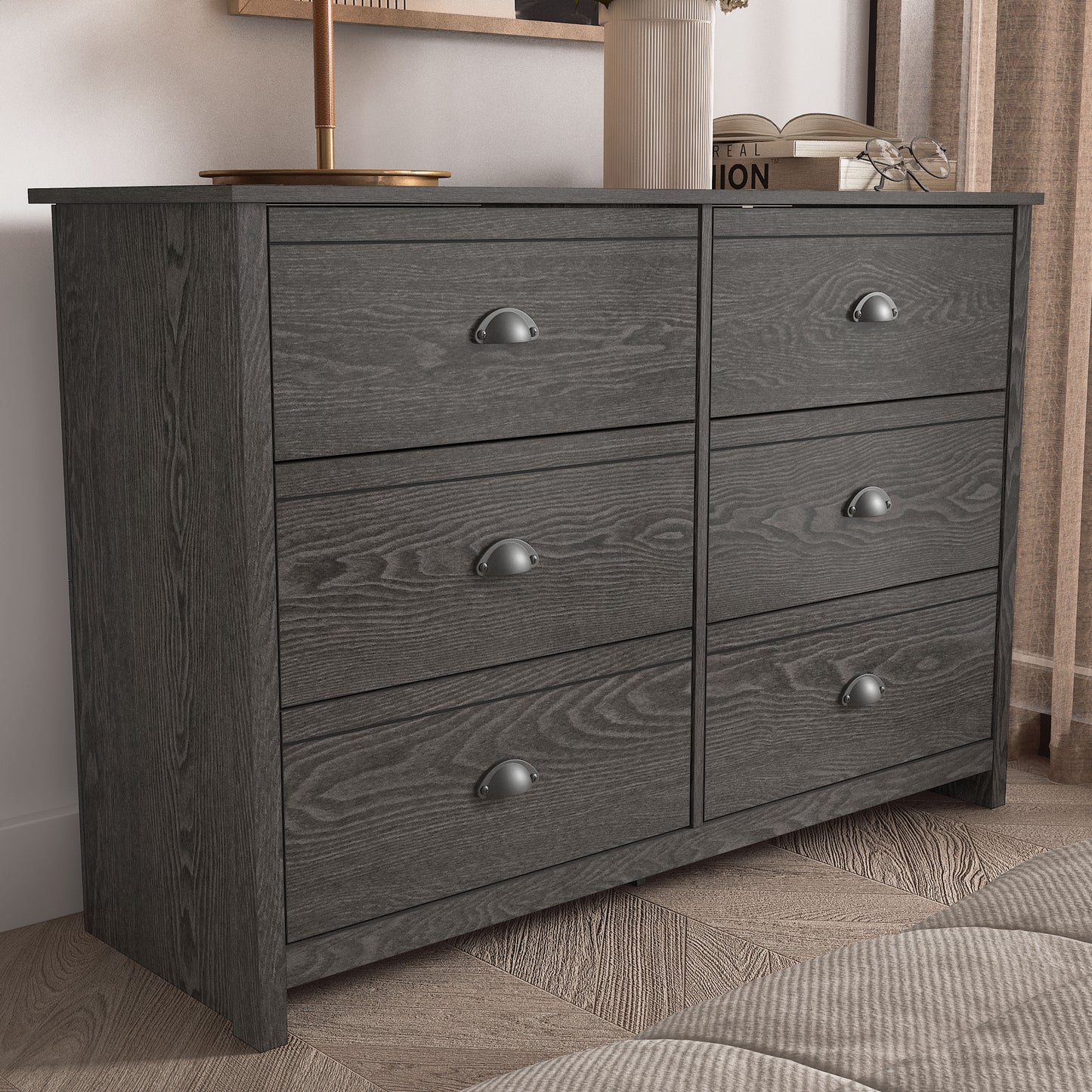 Galano Geodarno 6 Drawer Dresser (Interlock) - Dark Grey Oak