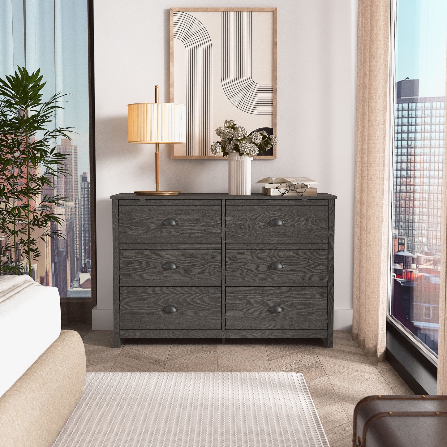 Galano Geodarno 6 Drawer Dresser (Interlock) - Dark Grey Oak