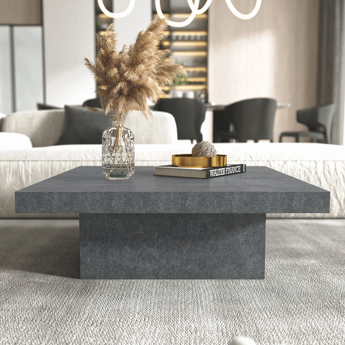 Galano 35.4" W Modern Square Coffee Table with Block Pedestal Base - Gray Stone