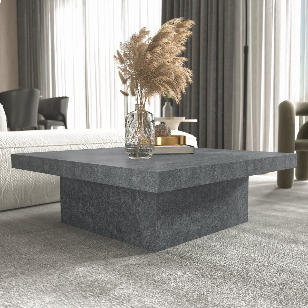 Galano 35.4" W Modern Square Coffee Table with Block Pedestal Base - Gray Stone