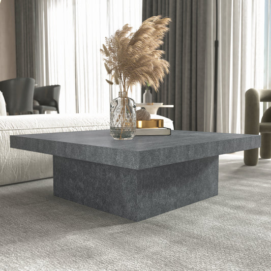 Galano 35.4" W Modern Square Coffee Table with Block Pedestal Base - Gray Stone