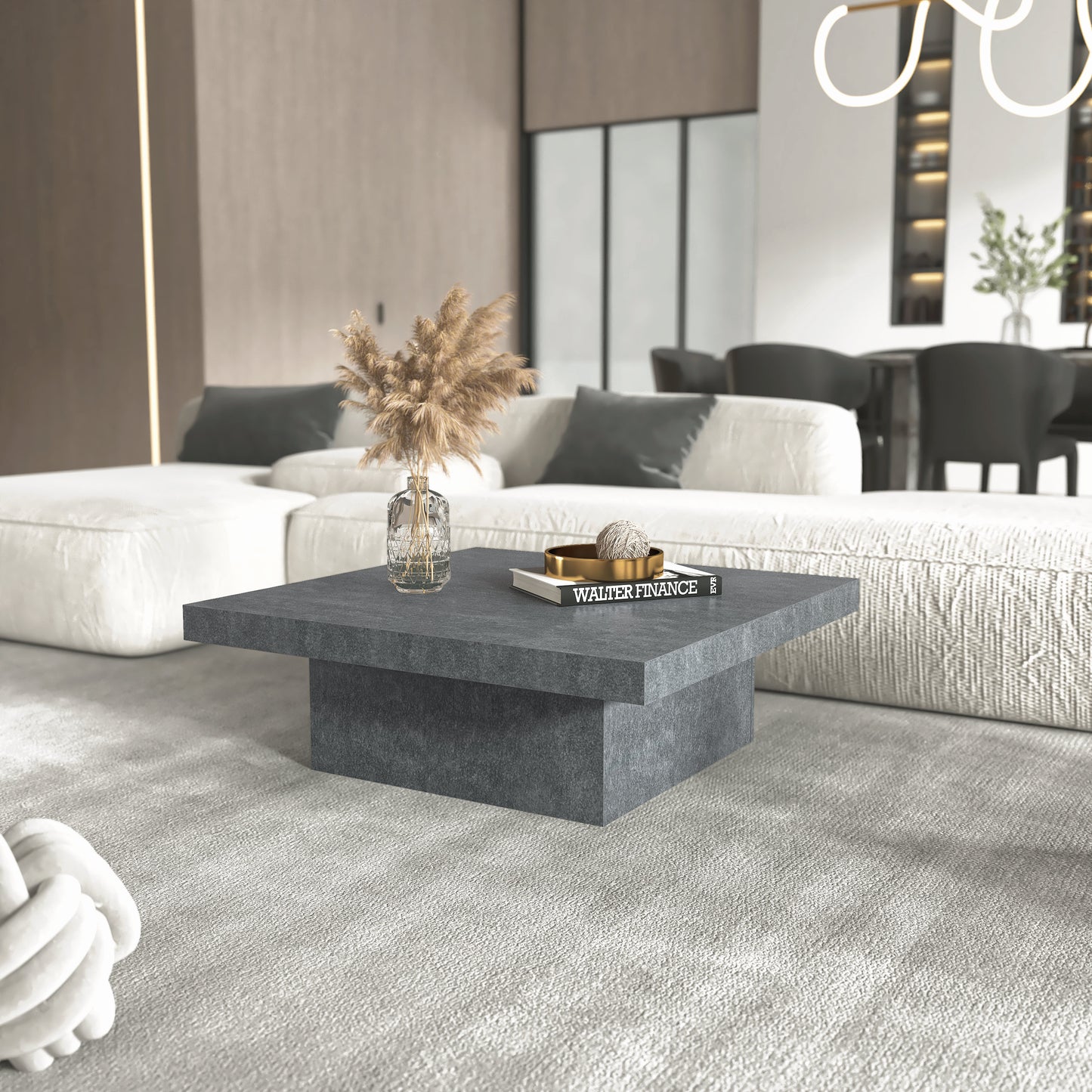 Galano 35.4" W Modern Square Coffee Table with Block Pedestal Base - Gray Stone