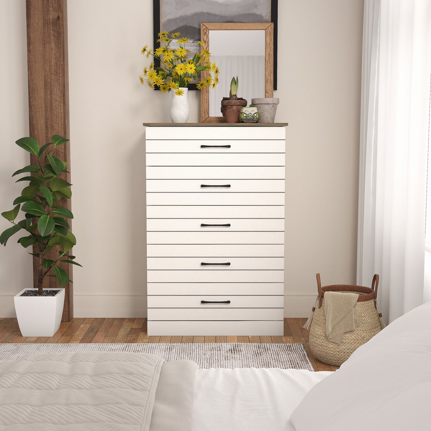 Galano Uf Elis 5 Drawer Chest (Interlock) - Ivory